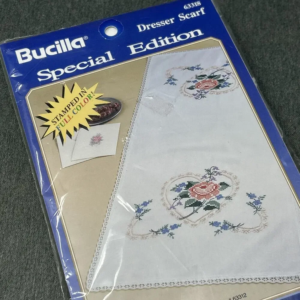 Vintage 1990s Bucilla Rose Heart Dresser Scarf Kit 63318 Embroidery Kit NOS